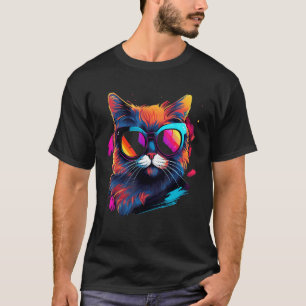 Colorfull Cat design, black, yellow, white, blue, T-Shirt
