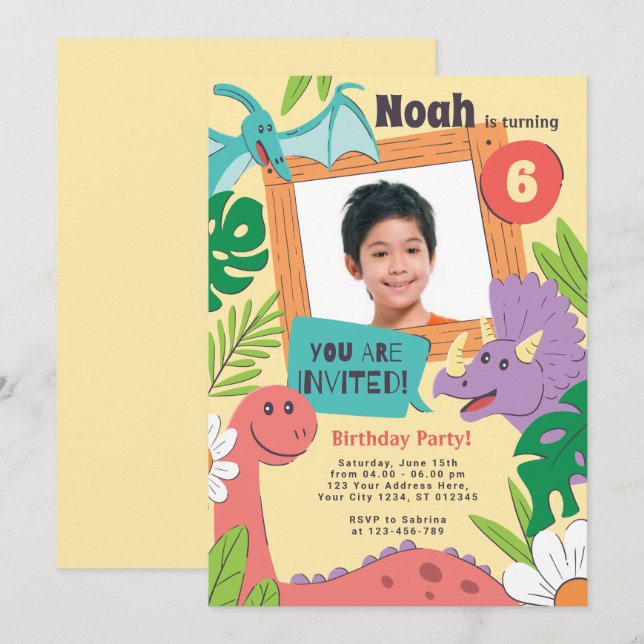 Colorfull Cute Dinosaur Birthday Party Invitation (Front/Back)