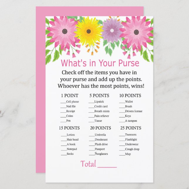 Colorfull flowers What's in your purse game (Front/Back)