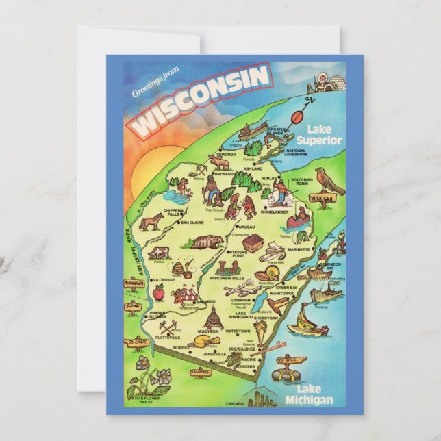 Colorfully Illustrated 5x7 Big Wisconsin Postcard (Front)
