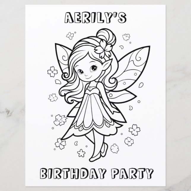 Coloring book fairy birthday party activity page  (Front)