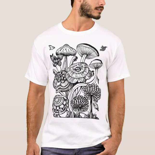 Coloring Floral and Mushroom Illustration T-Shirt (Front)