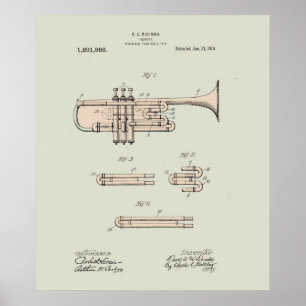 Colorized Vintage Trumpet Patent Illustration Poster