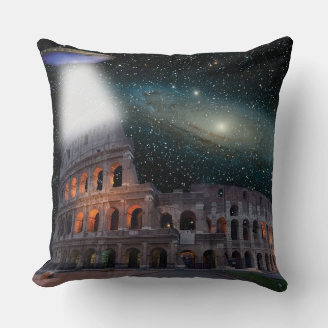 Colosseum Rome Italy Meets Space and UFO Cushion (Front)