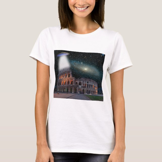 Colosseum Rome Italy Meets Space and UFO T-Shirt (Front)