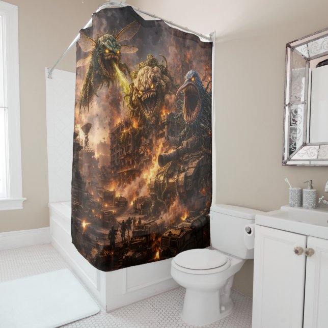 Colossus mayhem shower curtain/creature feature curtain (In Situ)