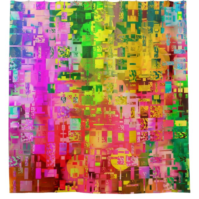 Colour abstract artefact pixel shower curtain (Front)