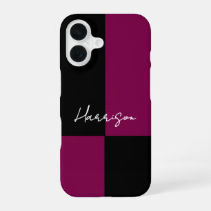 Colour Block Burgundy Black Minimal Custom Name iPhone 16 Case