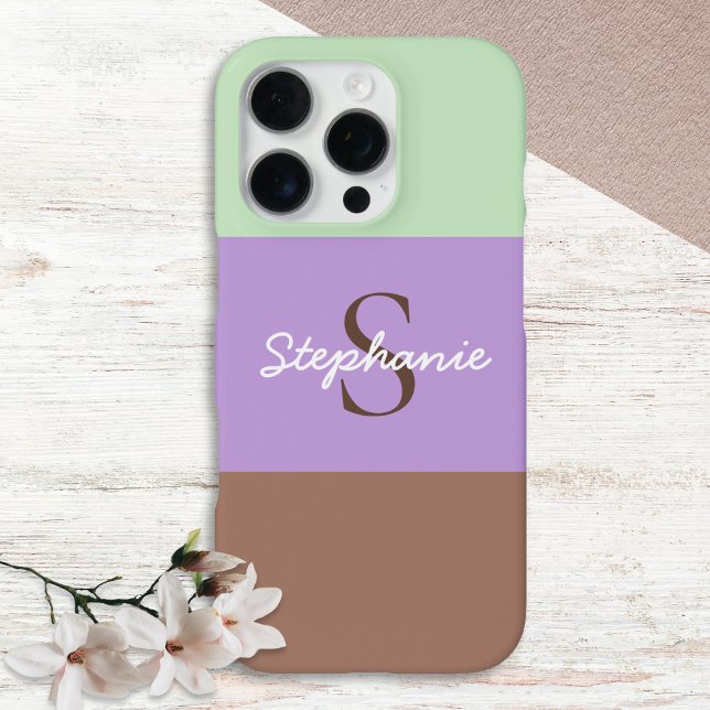 Colour Block Chic Taupe Lilac Green Monogrammed iPhone Case (An elegant monogrammed phone case with color block design of wide stripes in taupe, green and lilac)