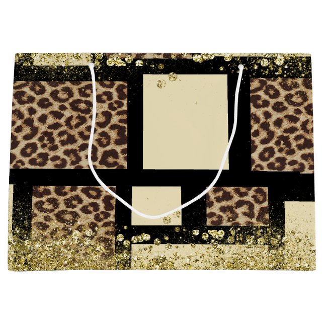 Colour block Cream Ivory Black & Leopard Cheetah Large Gift Bag (Front)