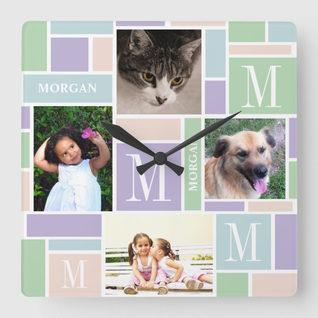 Colour Block Fun Pastels Simple Modern 4 Photo Square Wall Clock (Front)