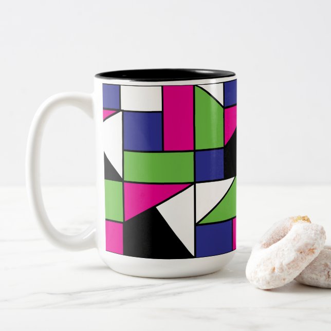 Colour Block Geometric Pattern Two-Tone Coffee Mug (With Donut)