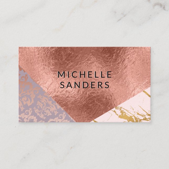 Colour Block Gold Marble Damask Rose Gold Foil Business Card (Front)