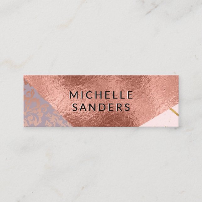 Colour Block Gold Marble Damask Rose Gold Foil Mini Business Card (Front)
