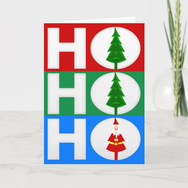 Colour Block “HO HO HO” Christmas Tree & Santa Holiday Card (Front)
