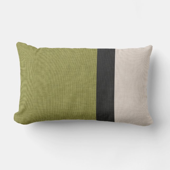 Colour Block Linen Look Green Black Beige Outdoor Lumbar Cushion (Front)