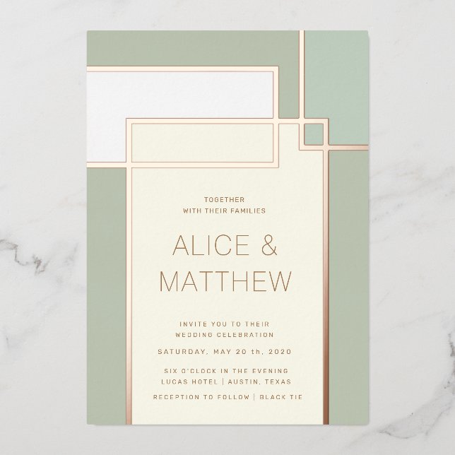colour block mid century modern wedding foil invit (Front)