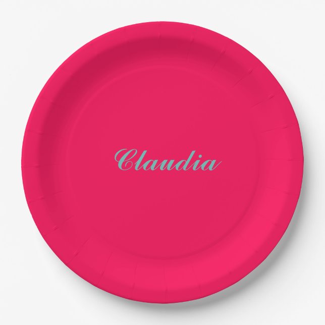 Colour block monogram on hot fuchsia pink paper plate (Front)