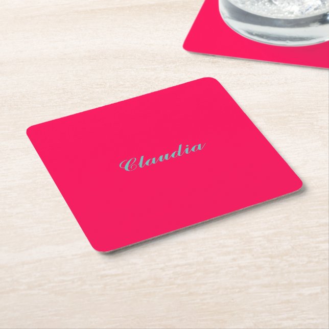 Colour block monogram on hot fuchsia pink square paper coaster (Angled)
