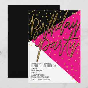Colour Block Pink Black Gold Birthday Invitations