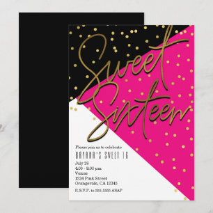 Colour Block Pink Black Gold Sweet 16 Invitations