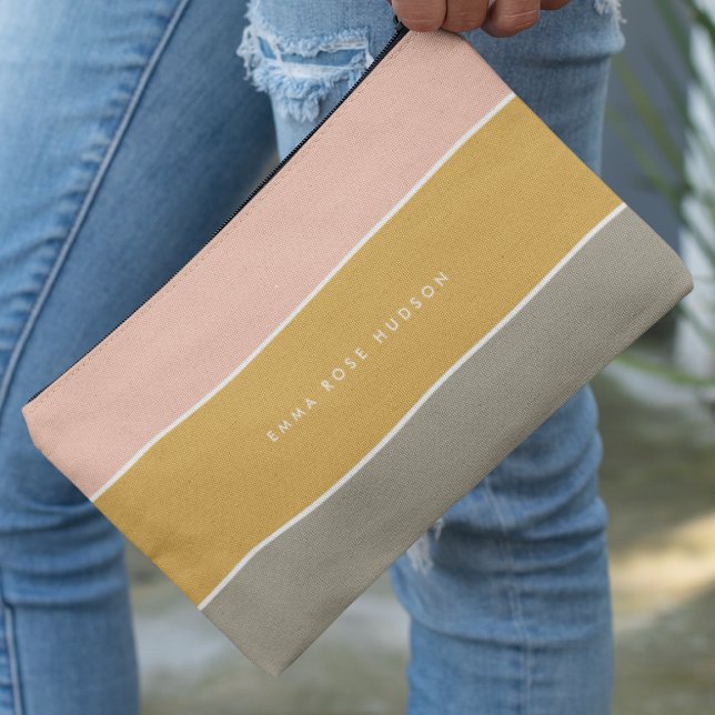 Colour Block Pink Gold Grey Stripe Monogram Accessory Pouch (Creator Uploaded)
