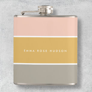 Colour Block Pink Gold Grey Stripe Monogram Hip Flask