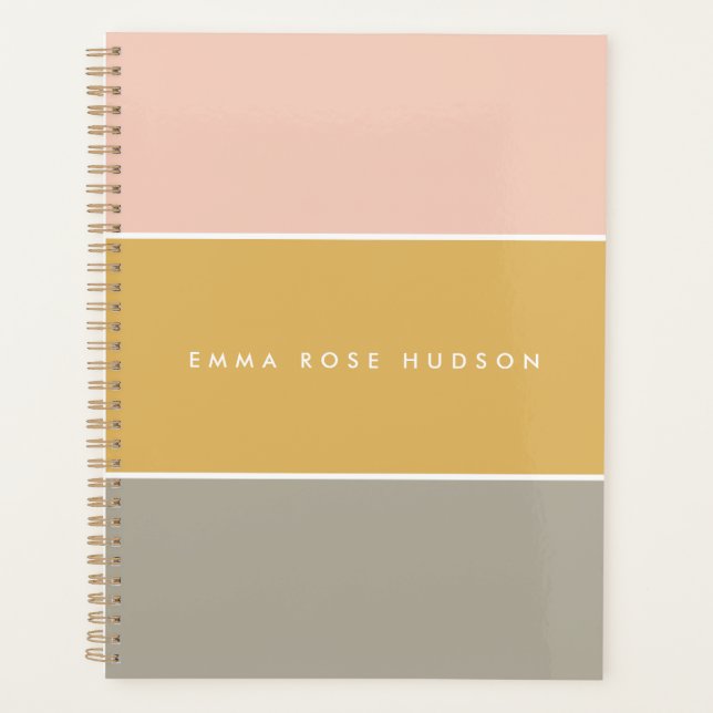 Colour Block Pink Gold Grey Stripe Monogram Planner (Front)