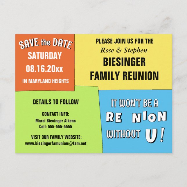 Colour Block Save the Date Reunion Postcard (Front)