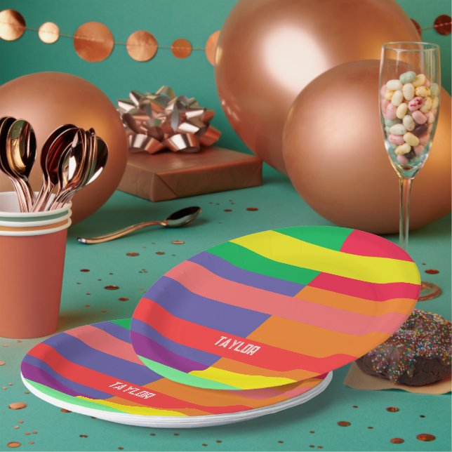 Colour block Stripe Monogram Name Rainbow Paper Plate (Multi)