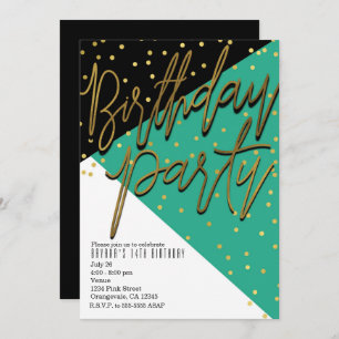 Colour Block Teal Black Gold Birthday Invitations