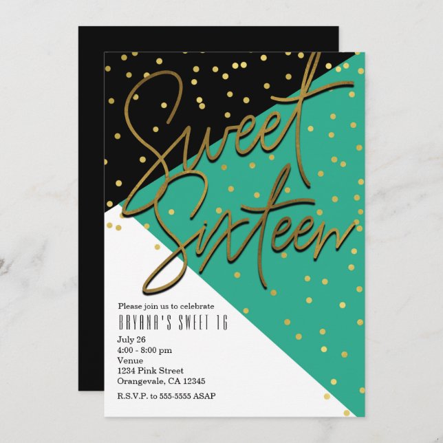 Colour Block Teal Black Gold Sweet 16 Invitations (Front/Back)