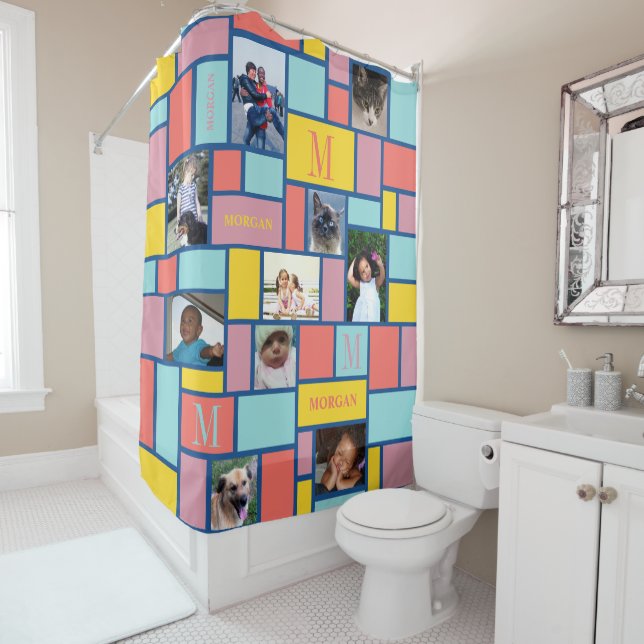 Colour Block Tropical Sea 10 Photo Chic Monogram Shower Curtain (In Situ)