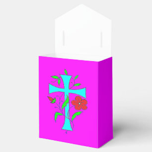 Colour blushing pink with red flowers blue cross favour box