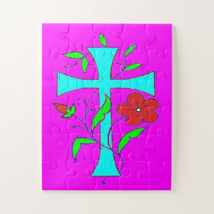 Colour blushing pink with red flowers blue cross jigsaw puzzle