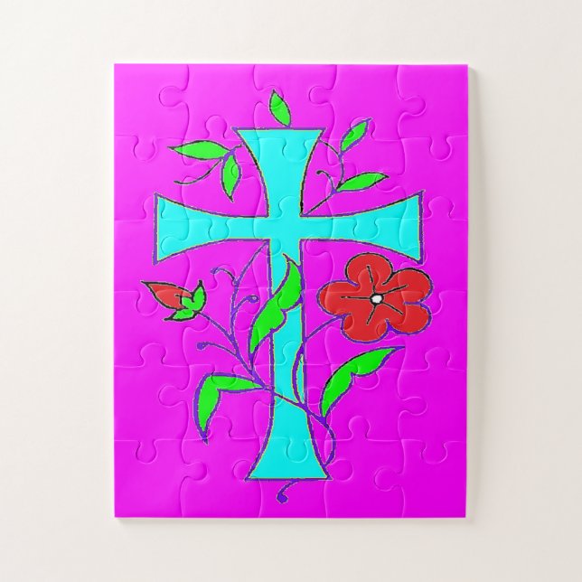 Colour blushing pink with red flowers blue cross jigsaw puzzle (Vertical)