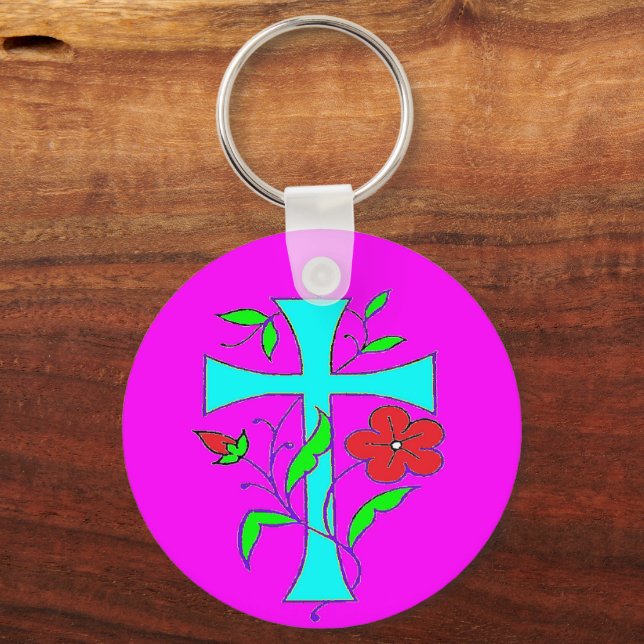 Colour blushing pink with red flowers blue cross key ring (Front)