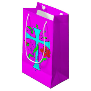 Colour blushing pink with red flowers blue cross small gift bag