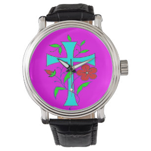 Colour blushing pink with red flowers blue cross watch