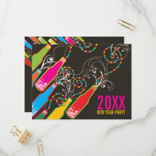 Colour Bubbly Bottles New Year's Eve Holiday Party Invitation Postcard