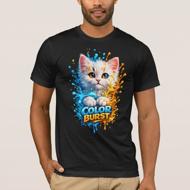 Colour Burst Cat – Vivid Paint Splash Graphic Tee (Front)