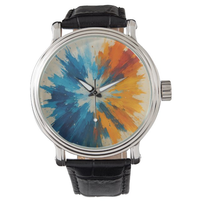 Colour Burst Clock – Abstract Art Timepiece in Blu Watch (Front)