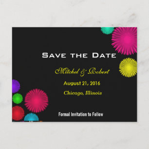 Colour Burst Flowers in Black Save the Date Announcement Postcard
