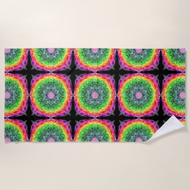 Colour Burst Rainbow Prism Mandala Beach Towel (Front)