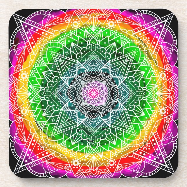 Colour burst Rainbow Prism Mandala Coaster (Front)
