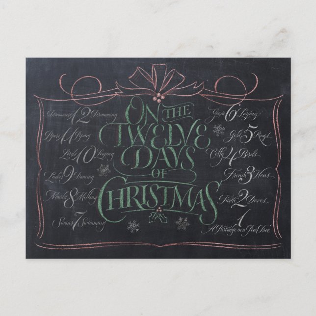 Colour Chalkboard Lettering '12 Days of Christmas' Holiday Postcard (Front)