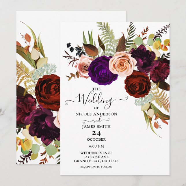 Colour Chic Bold Floral Greenery White Wedding Invitation (Front/Back)