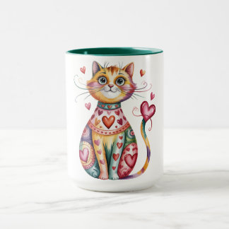 Colour coffee mug with design of cat and hearts