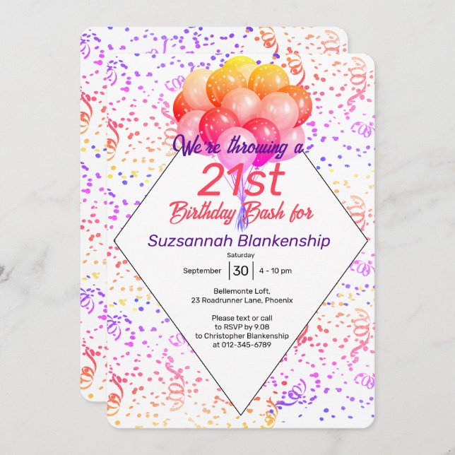 Colour Confetti Balloon Custom Celebration Invitation (Front/Back)