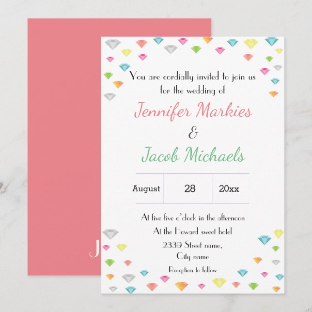 Colour diamonds confetti wedding invitation (Front/Back)